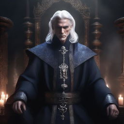 A short evil royal human male sorcerer in his twenties with white hair, dressed in elaborate dark robes adorned with mystical symbols