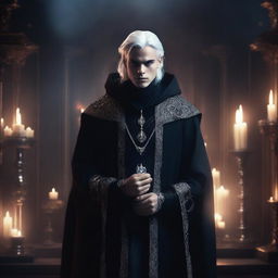 A short evil royal human male sorcerer in his twenties with white hair, dressed in elaborate dark robes adorned with mystical symbols