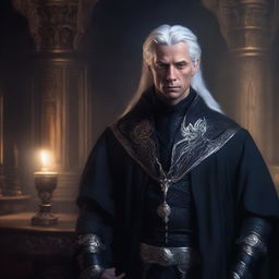 A short royal human male sorcerer in his twenties, with white hair, looking smug and evil