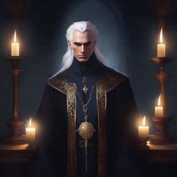 A short royal human male sorcerer in his twenties, with white hair, looking smug and evil