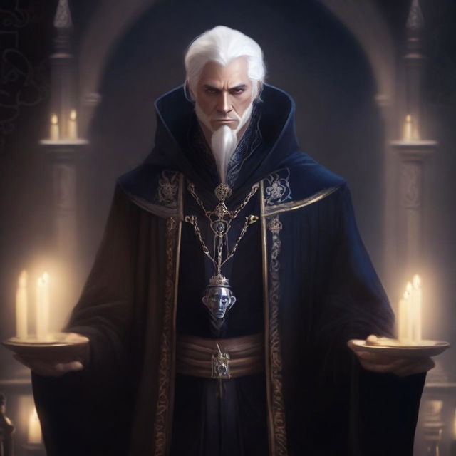 A short royal human male sorcerer in his twenties, with white hair, looking smug and evil