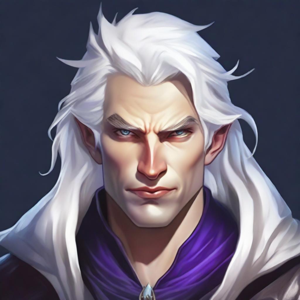 Create an image of a smug, evil prince who is a short human male sorcerer, around 25 years old, with white hair