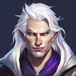 Create an image of a smug, evil prince who is a short human male sorcerer, around 25 years old, with white hair