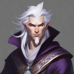 Create an image of a smug, evil prince who is a short human male sorcerer, around 25 years old, with white hair