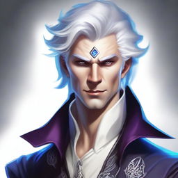 Create an image of a smug, evil prince who is a short human male sorcerer, around 25 years old, with white hair