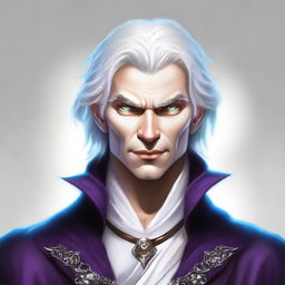 Create an image of a smug, evil prince who is a short human male sorcerer, around 25 years old, with white hair