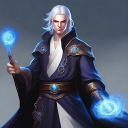 A smug, evil prince who is a short human male sorcerer, 25 years old with white hair and blue eyes