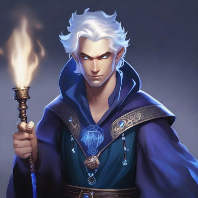 A smug, evil prince who is a short human male sorcerer, 25 years old with white hair and blue eyes