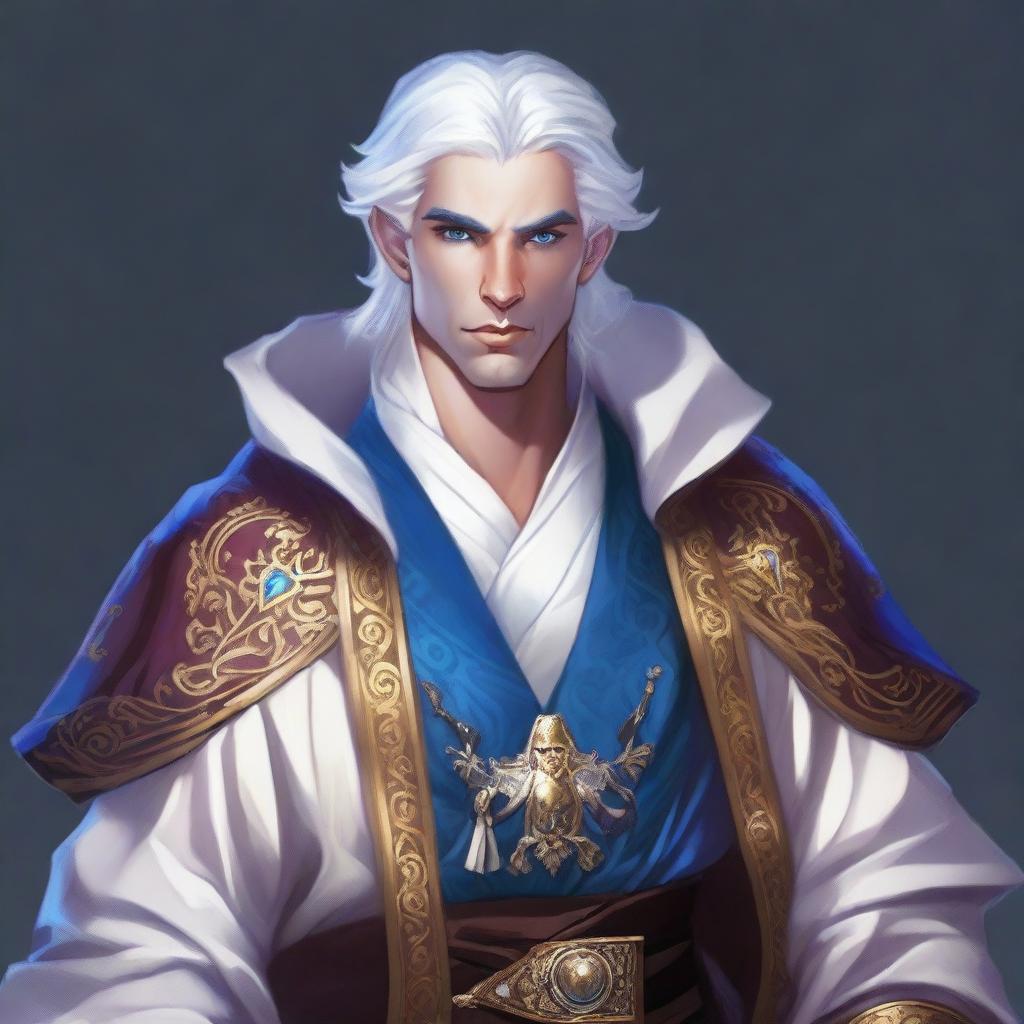 A rich, smug, and evil prince who is a short human male sorcerer, around 25 years old, with white hair and blue eyes