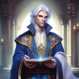 A rich, smug, and evil prince who is a short human male sorcerer, around 25 years old, with white hair and blue eyes