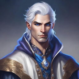 A rich, smug, and evil prince who is a short human male sorcerer, around 25 years old, with white hair and blue eyes