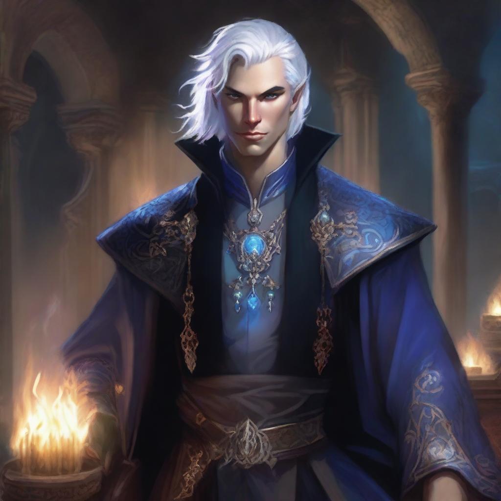 A rich, smug, evil prince who is a short human male sorcerer, 25 years old, with white hair and blue eyes