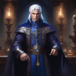 A rich, smug, evil prince who is a short human male sorcerer, 25 years old, with white hair and blue eyes