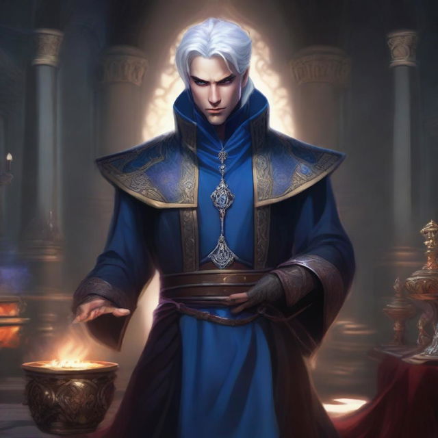 A rich, smug, evil prince who is a short human male sorcerer, 25 years old, with white hair and blue eyes