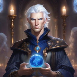 A rich, smug, evil prince who is a short human male sorcerer, 25 years old, with white hair and blue eyes