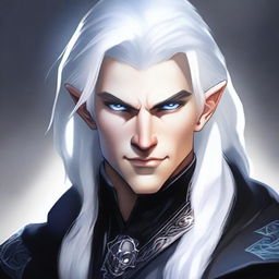 A rich, smug, evil prince who is a short human male sorcerer, 25 years old, with white hair and blue eyes