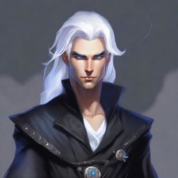 A rich, smug, evil prince who is a short human male sorcerer, 25 years old, with white hair and blue eyes