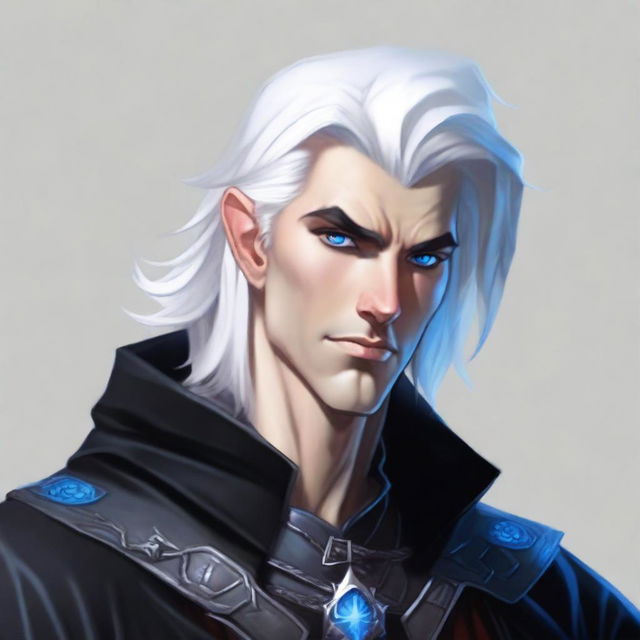 A rich, smug, evil prince who is a short human male sorcerer, 25 years old, with white hair and blue eyes