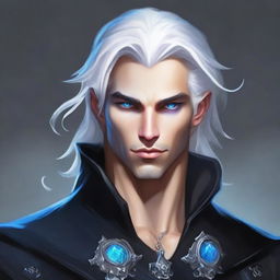 A rich, smug, evil prince who is a short human male sorcerer, 25 years old, with white hair and blue eyes