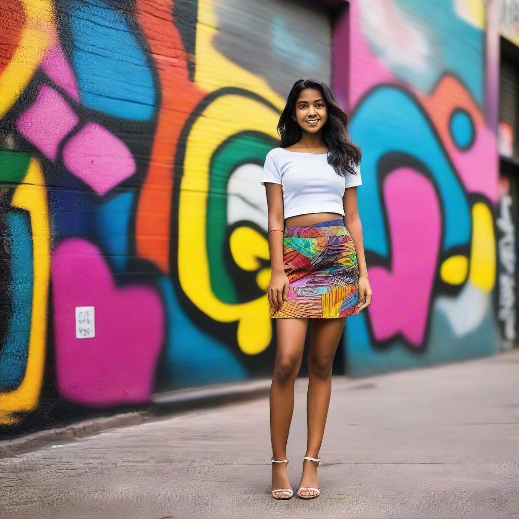 A young Indian girl wearing a stylish mini skirt, standing confidently in a vibrant urban setting