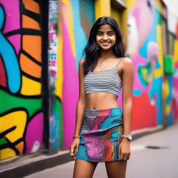 A young Indian girl wearing a stylish mini skirt, standing confidently in a vibrant urban setting