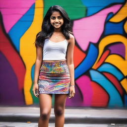 A young Indian girl wearing a stylish mini skirt, standing confidently in a vibrant urban setting