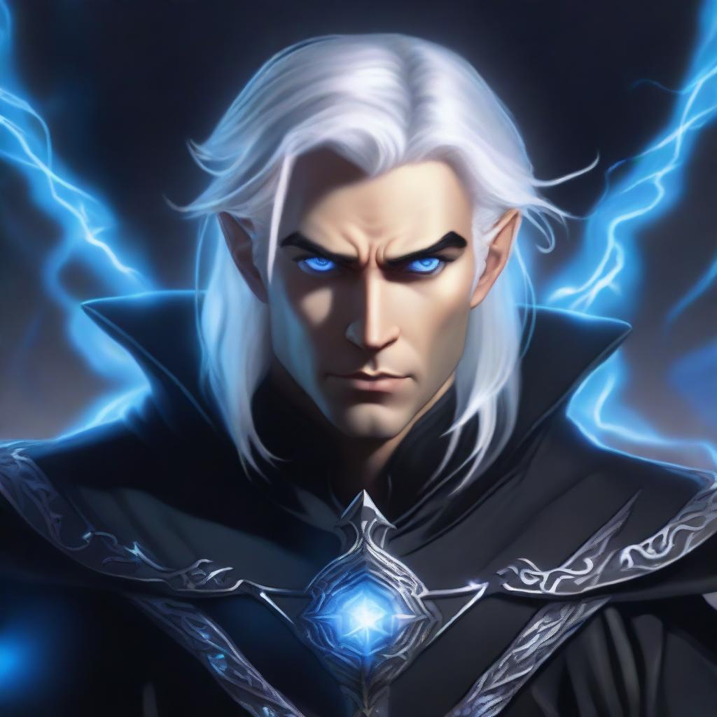 A rich, angry, and evil prince who is a short human male sorcerer, 25 years old, with white hair and blue eyes