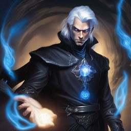 A rich, angry, and evil prince who is a short human male sorcerer, 25 years old, with white hair and blue eyes