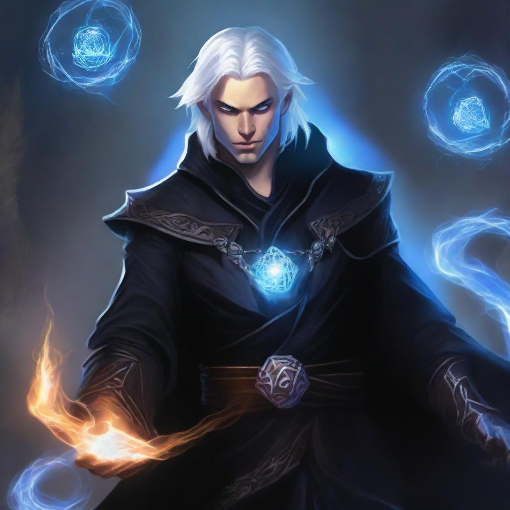 A rich, angry, and evil prince who is a short human male sorcerer, 25 years old, with white hair and blue eyes