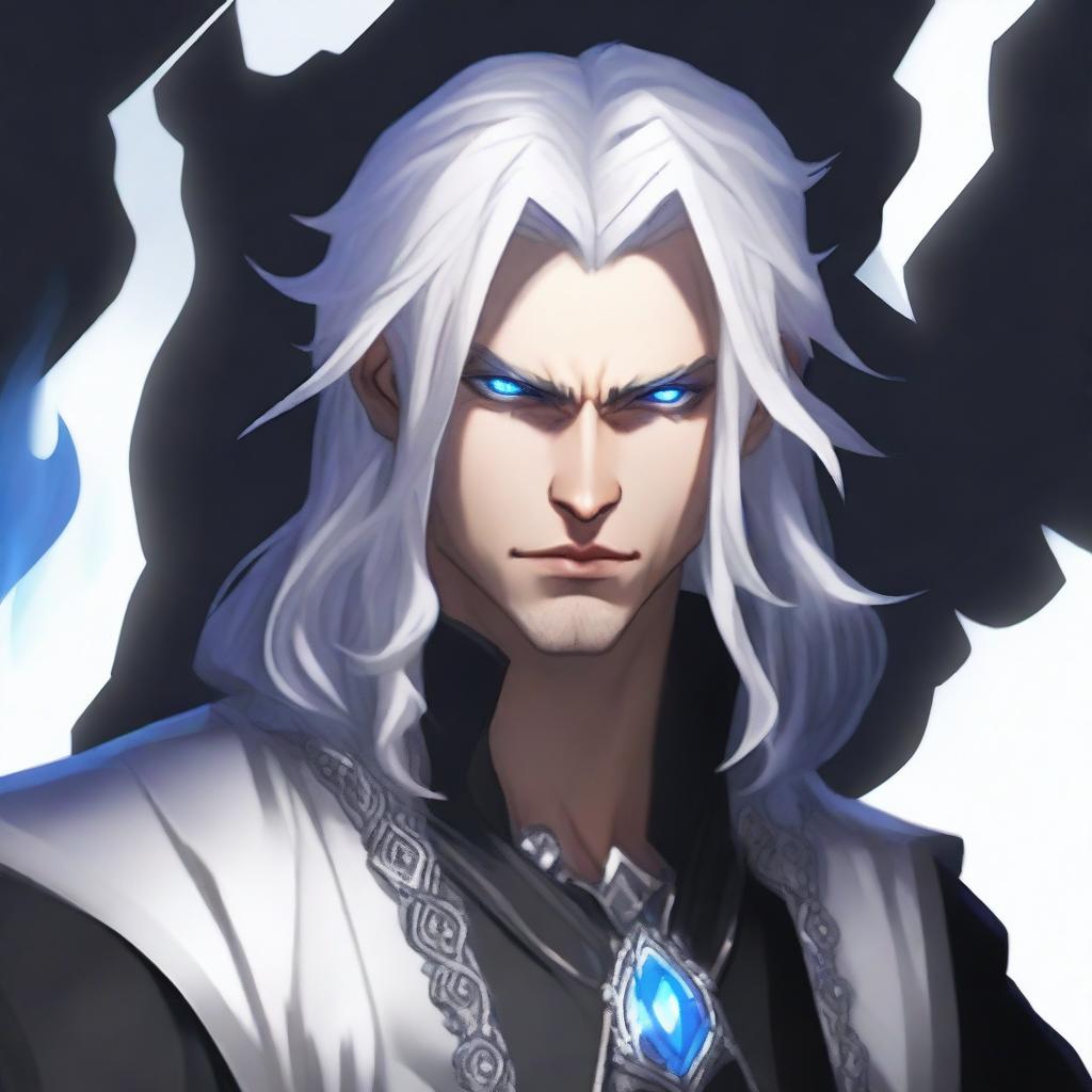 A rich, angry, and evil prince who is a short human male sorcerer, 25 years old, with white hair and blue eyes