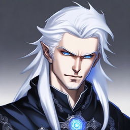 A rich, angry, and evil prince who is a short human male sorcerer, 25 years old, with white hair and blue eyes