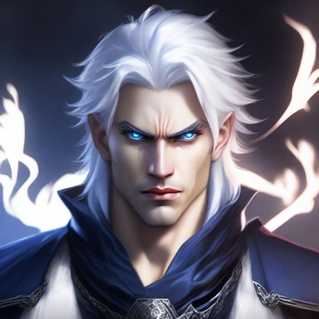 A rich, angry, and evil prince who is a short human male sorcerer, 25 years old, with white hair and blue eyes