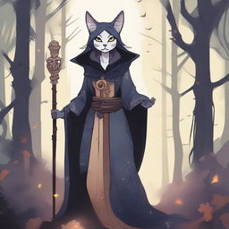 A detailed illustration of a female catfolk witch