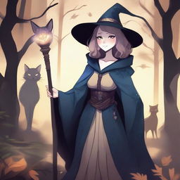 A detailed illustration of a female catfolk witch