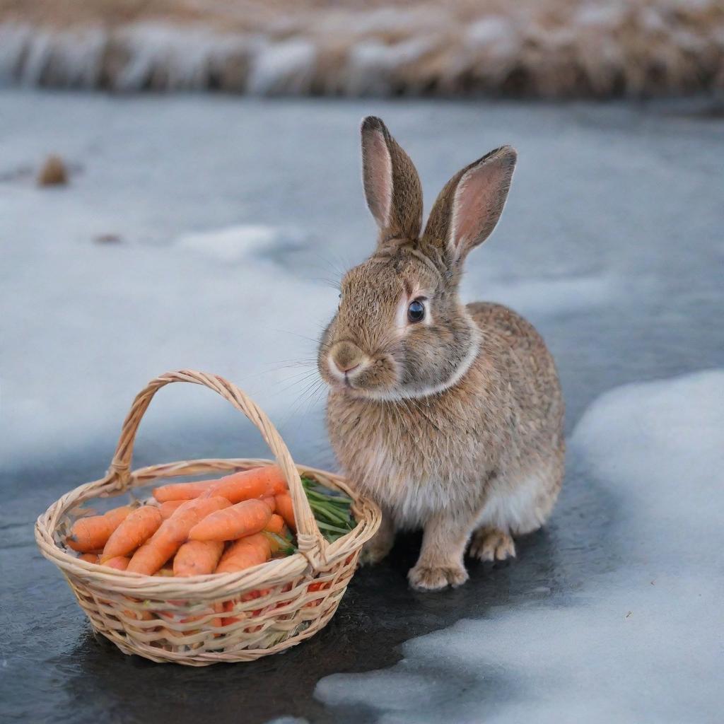 A touching image of a bunny looking visibly panicked at the edge of a frozen river, clutching a basket full of carrots. Its expressive eyes portray sadness and despair, as if it's lost and asking for help.