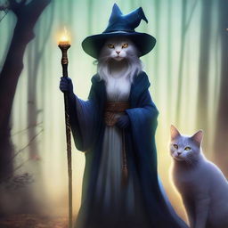 A realistic illustration of a female catfolk witch