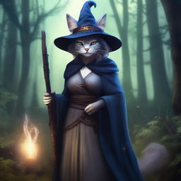 A realistic illustration of a female catfolk witch