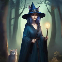 A realistic illustration of a female catfolk witch