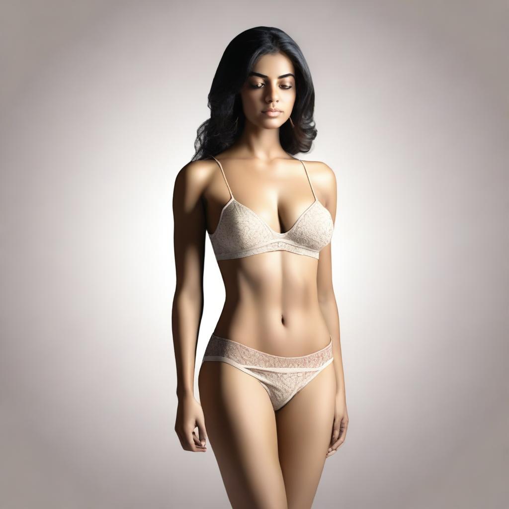 A realistic depiction of a beautiful 24-year-old Indian woman with fair skin, standing in a yoga position