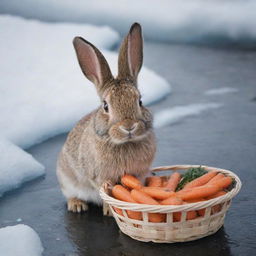 A touching image of a bunny looking visibly panicked at the edge of a frozen river, clutching a basket full of carrots. Its expressive eyes portray sadness and despair, as if it's lost and asking for help.