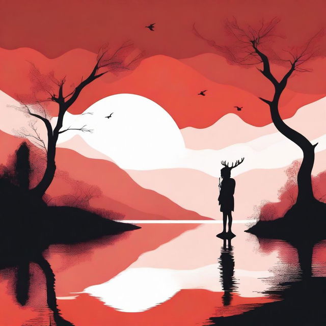 A serene landscape with a red background, featuring a lake in silhouette