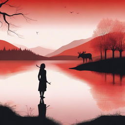 A serene landscape with a red background, featuring a lake in silhouette