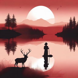 A serene landscape with a red background, featuring a lake in silhouette