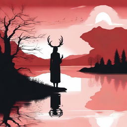 A serene landscape with a red background, featuring a lake in silhouette