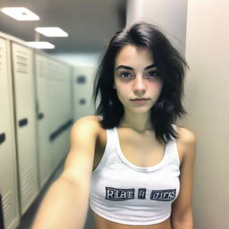 A slender teenage girl with aqua eyes and black, messy medium-length hair, standing in a locker room