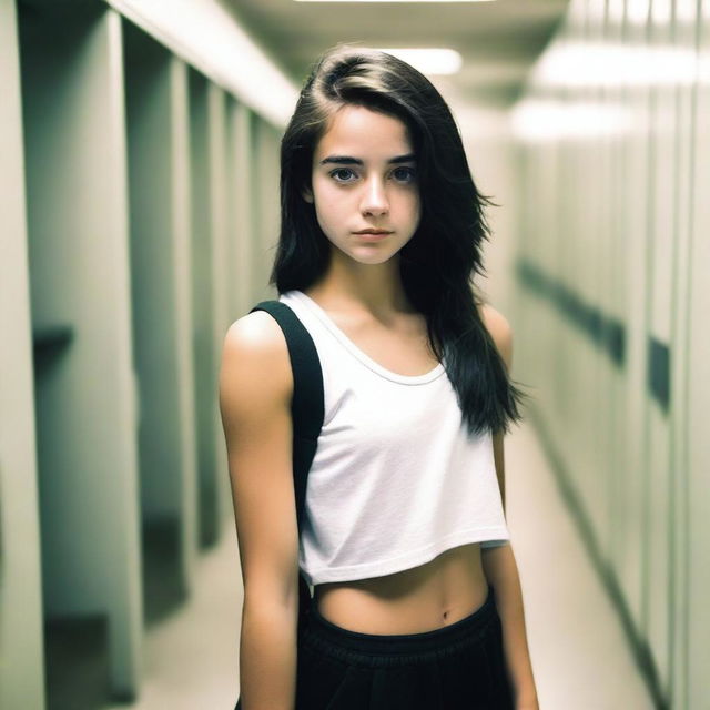 A slender teenage girl with aqua eyes and black, messy medium-length hair, standing in a locker room