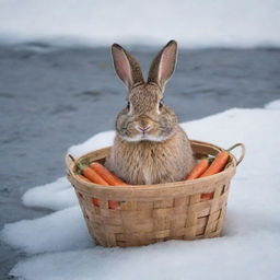 A touching image of a bunny looking visibly panicked at the edge of a frozen river, clutching a basket full of carrots. Its expressive eyes portray sadness and despair, as if it's lost and asking for help.