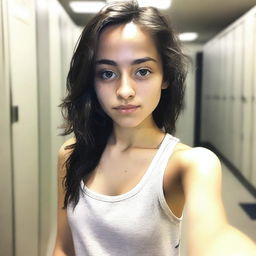 A slender teenage girl with aqua eyes and black, messy medium-length hair, standing in a locker room