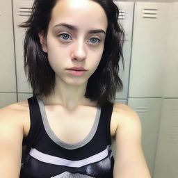 A slender teenage girl with aqua eyes and black, messy medium-length hair, standing in a locker room