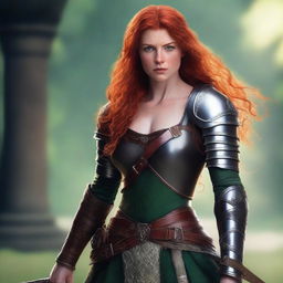 A red-headed human female warrior princess with green eyes, an aquiline nose, freckles, and muscular build